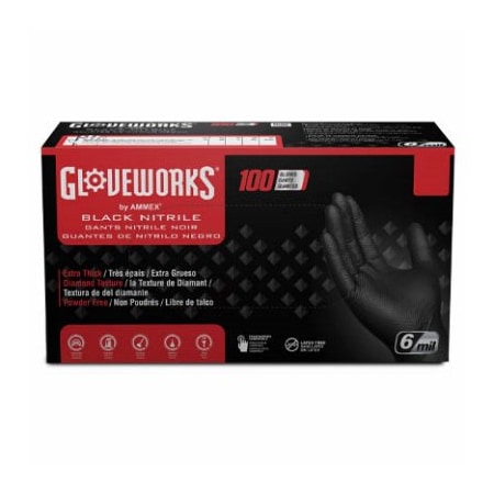 Ammex Disposable Gloves, 6 mil Palm, Nitrile, Powder-Free, L, Black GWBN46100